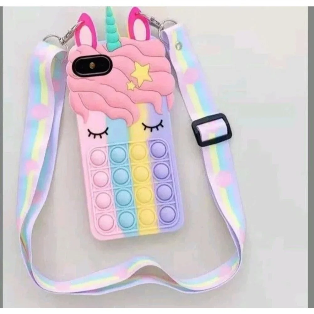 NWOT iPhone 5/5s/SE Pop It Rainbow Unicorn Silicone Phone Case w/AdjLanyard